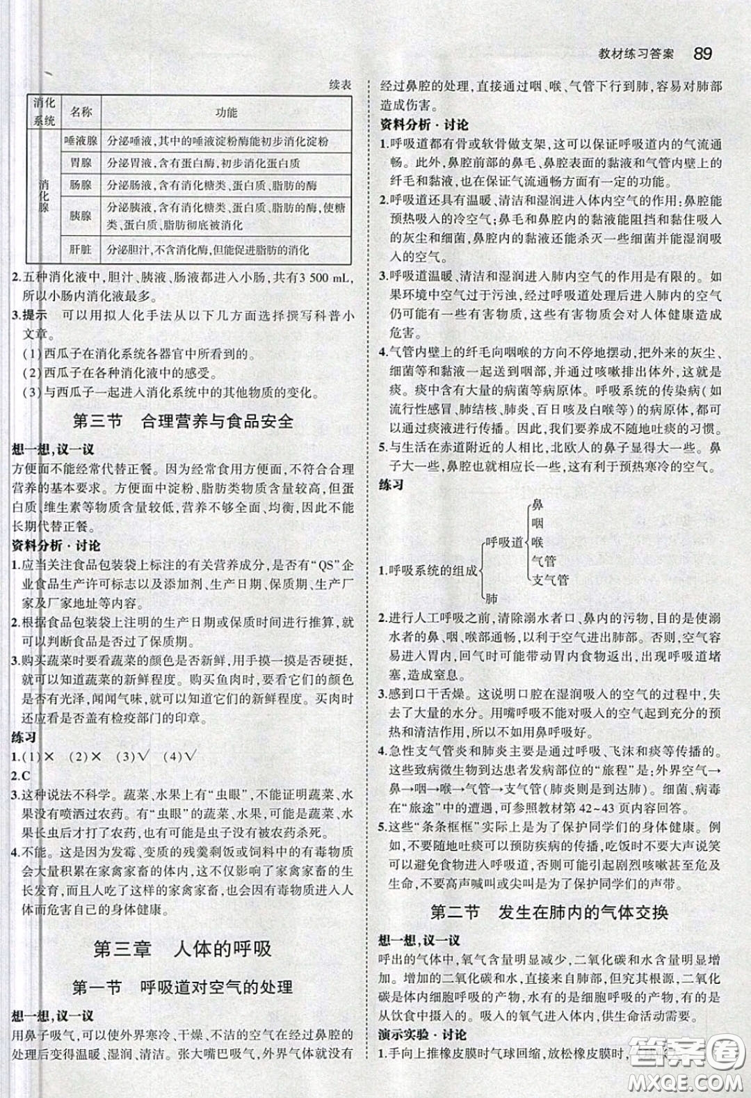 人民教育出版社2020義務(wù)教育教科書生物學(xué)七年級下冊人教版教材習(xí)題答案