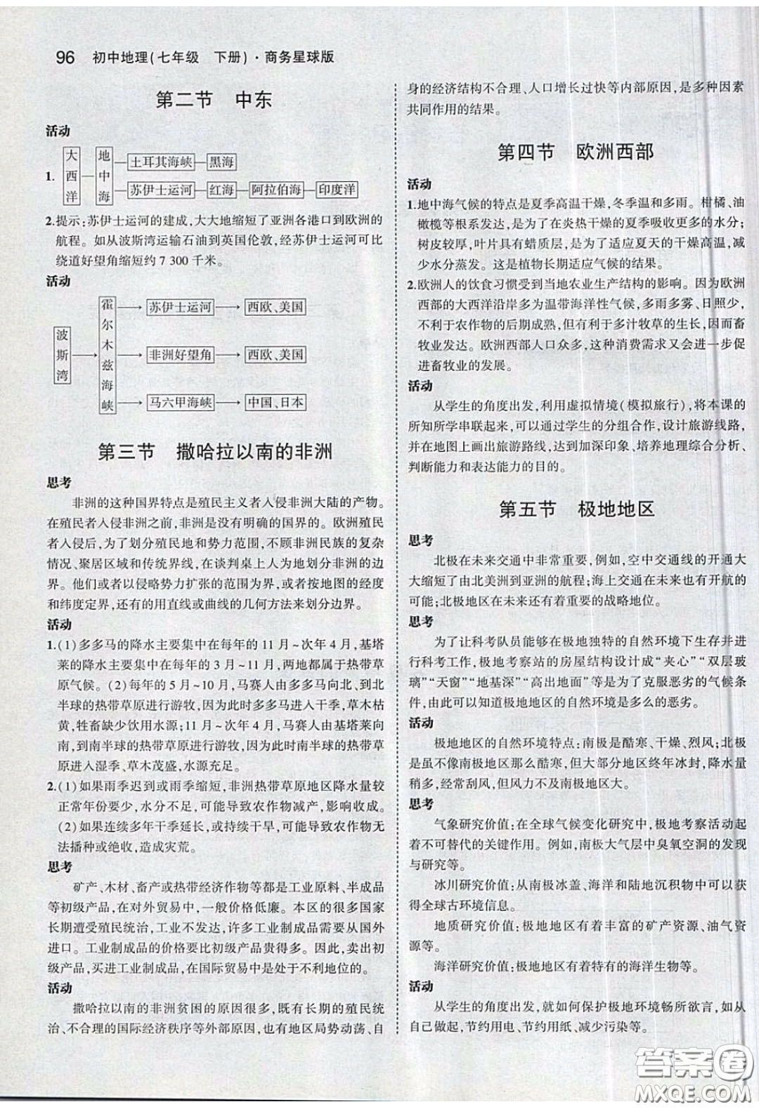 商務(wù)印書(shū)館2020義務(wù)教育教科書(shū)七年級(jí)地理下冊(cè)商務(wù)星球版答案