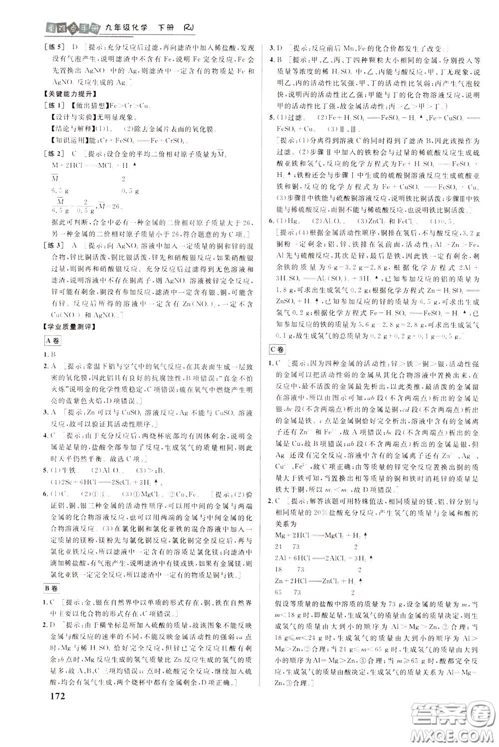 華中師范大學(xué)出版社2020年重難點手冊九年級化學(xué)下冊RJ人教版參考答案