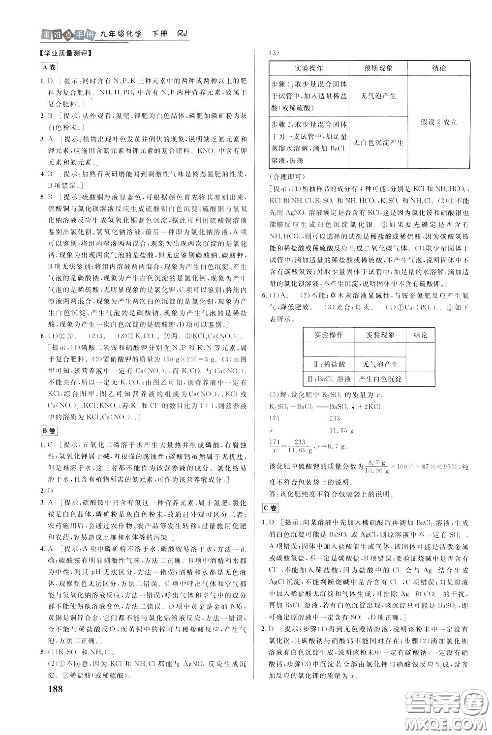 華中師范大學(xué)出版社2020年重難點手冊九年級化學(xué)下冊RJ人教版參考答案