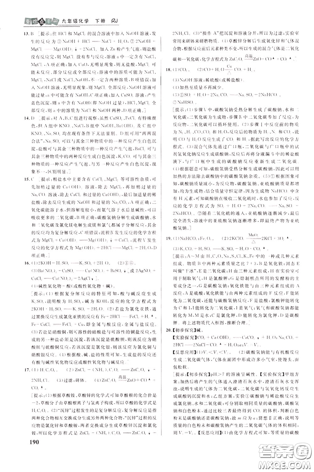 華中師范大學(xué)出版社2020年重難點手冊九年級化學(xué)下冊RJ人教版參考答案