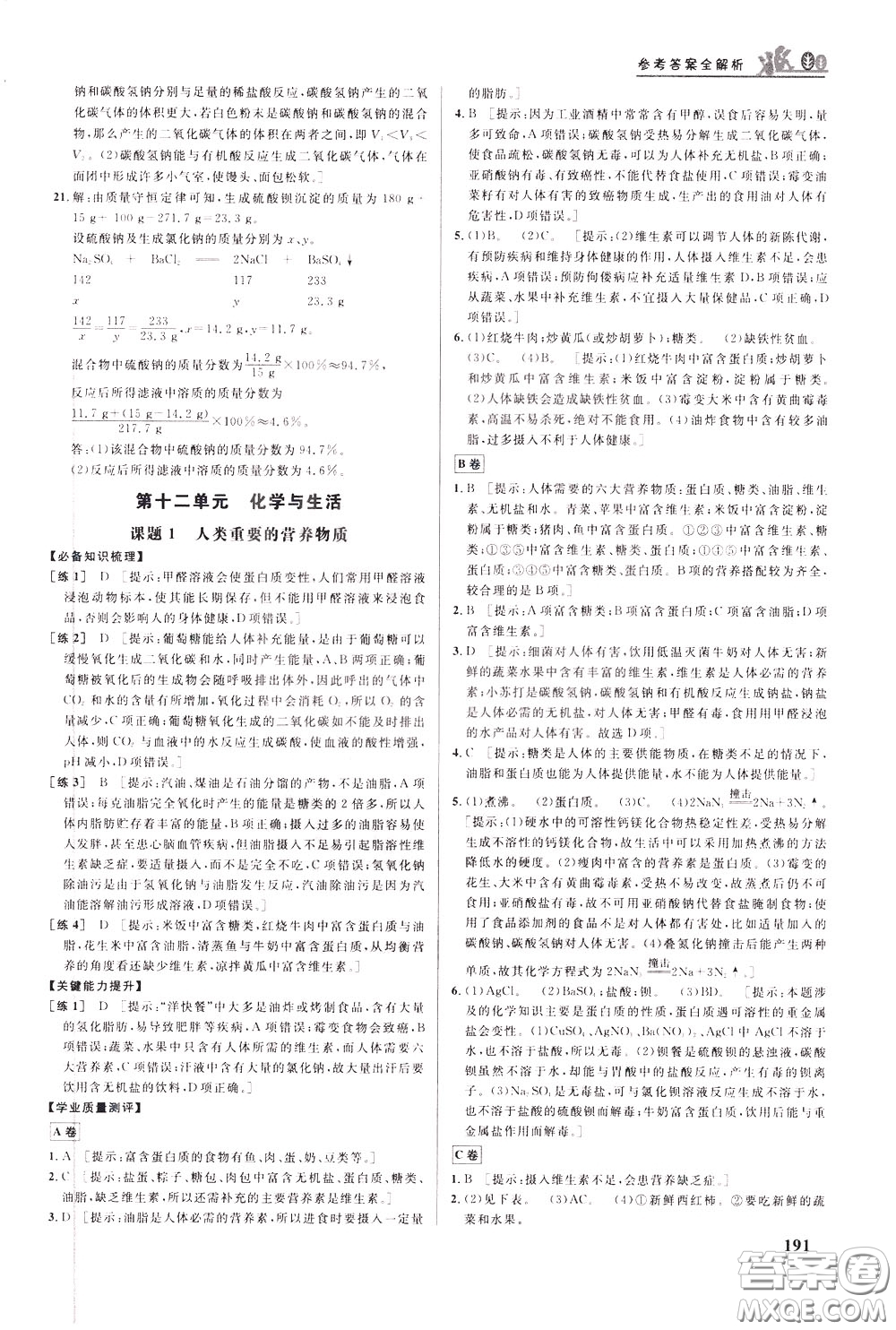 華中師范大學(xué)出版社2020年重難點手冊九年級化學(xué)下冊RJ人教版參考答案