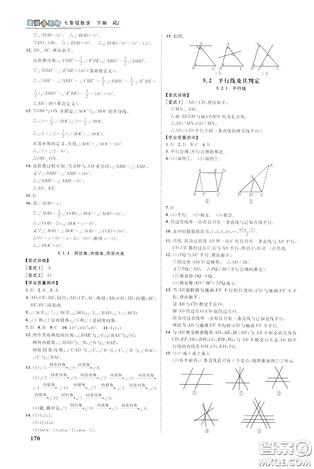 華中師范大學(xué)出版社2020年重難點手冊七年級數(shù)學(xué)下冊RJ人教版參考答案