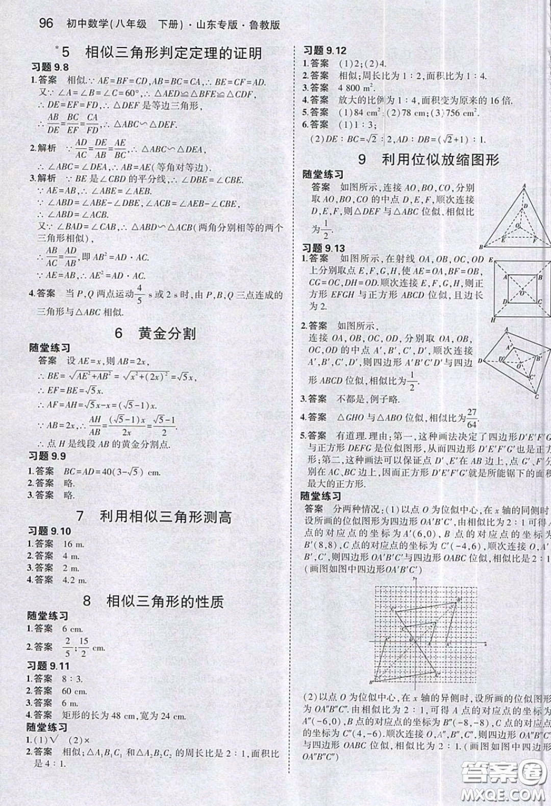 山東教育出版社2020義務教育教科書八年級數(shù)學下冊魯教版教材課后習題答案