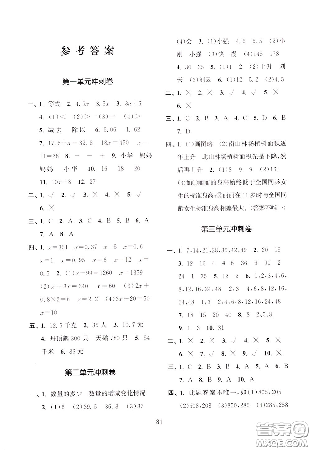 南京大學(xué)出版社2020年名師點(diǎn)撥期末沖刺滿分卷五年級(jí)下冊(cè)數(shù)學(xué)參考答案