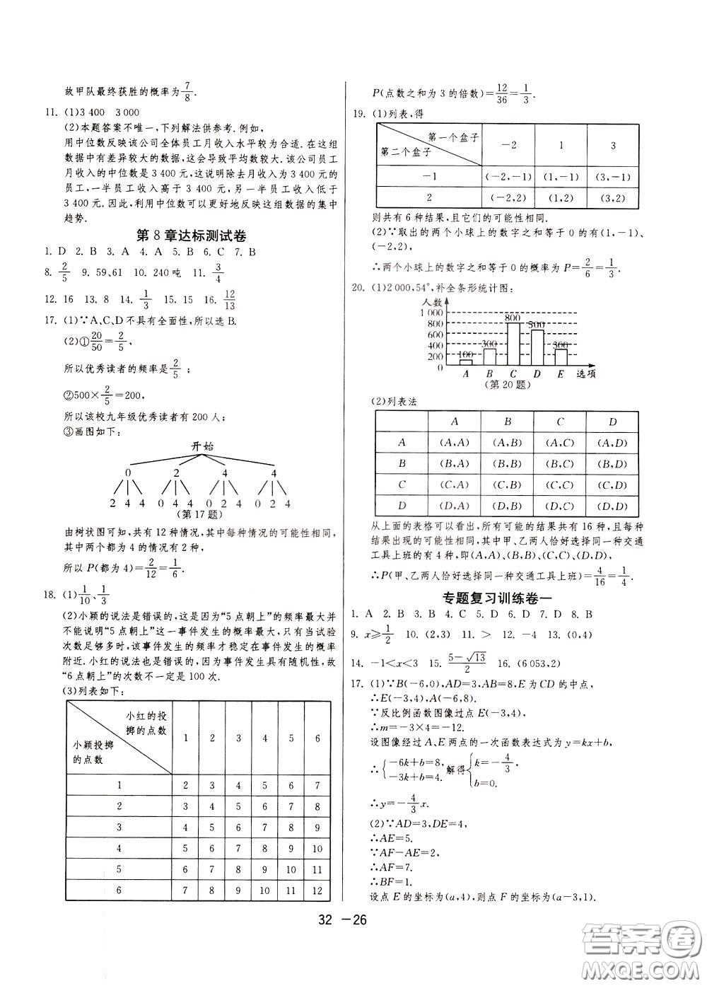 2020升級版1課3練單元達(dá)標(biāo)測試數(shù)學(xué)九年級下冊JSKJ江蘇科教版參考答案