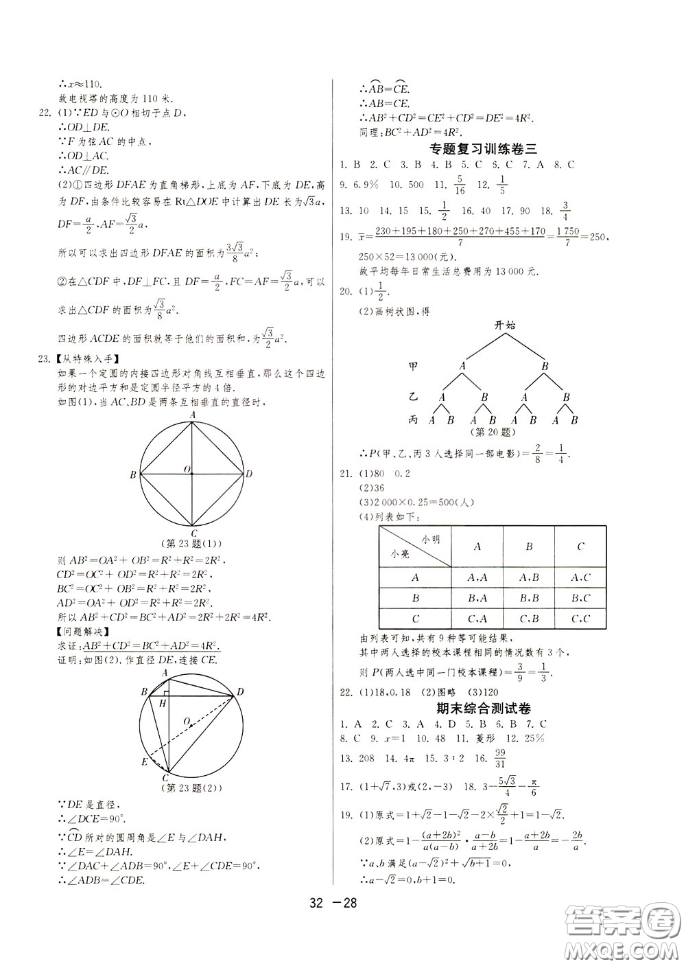 2020升級版1課3練單元達(dá)標(biāo)測試數(shù)學(xué)九年級下冊JSKJ江蘇科教版參考答案