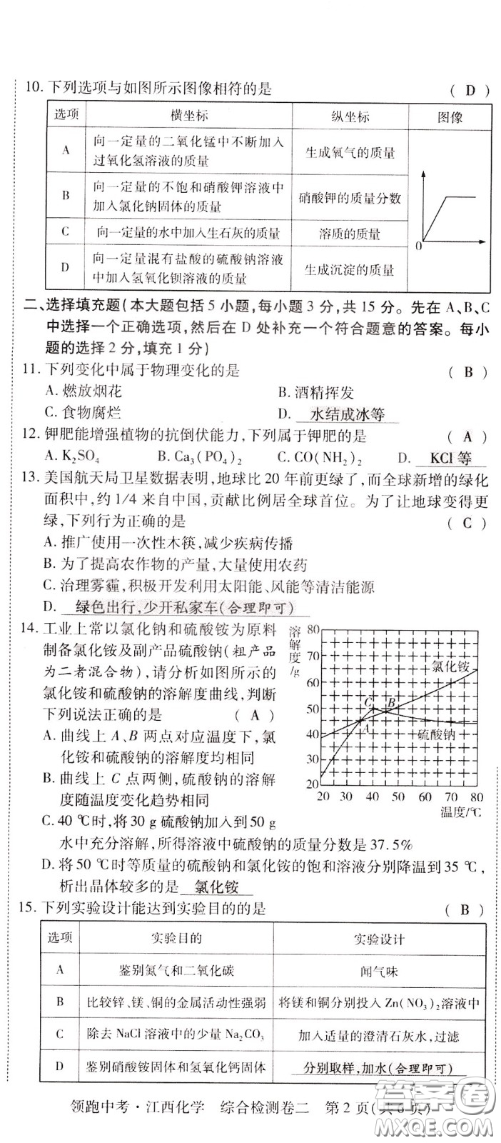 典學文化2020全新版領(lǐng)跑中考化學江西專用教師用書參考答案