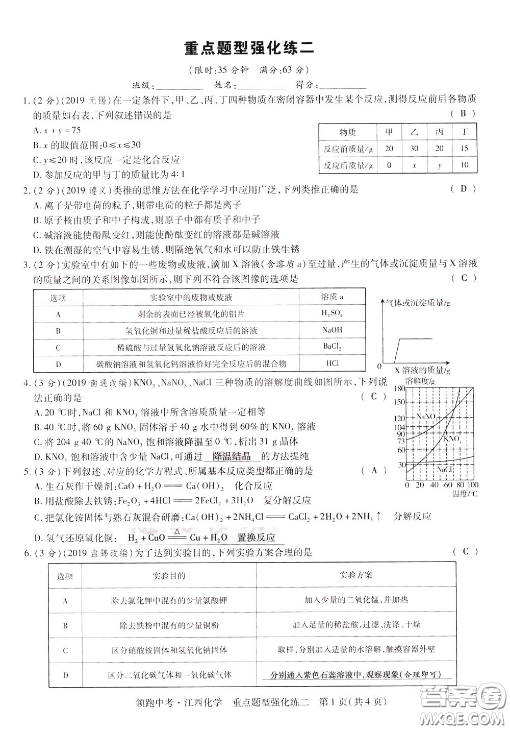 典學文化2020全新版領(lǐng)跑中考化學江西專用教師用書參考答案