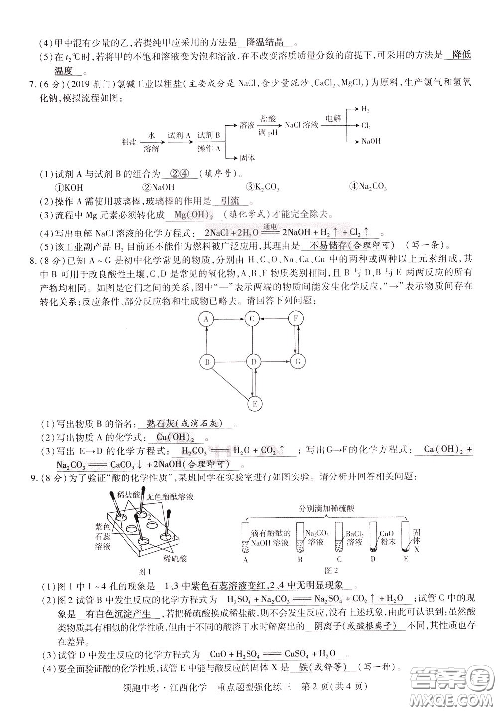 典學文化2020全新版領(lǐng)跑中考化學江西專用教師用書參考答案