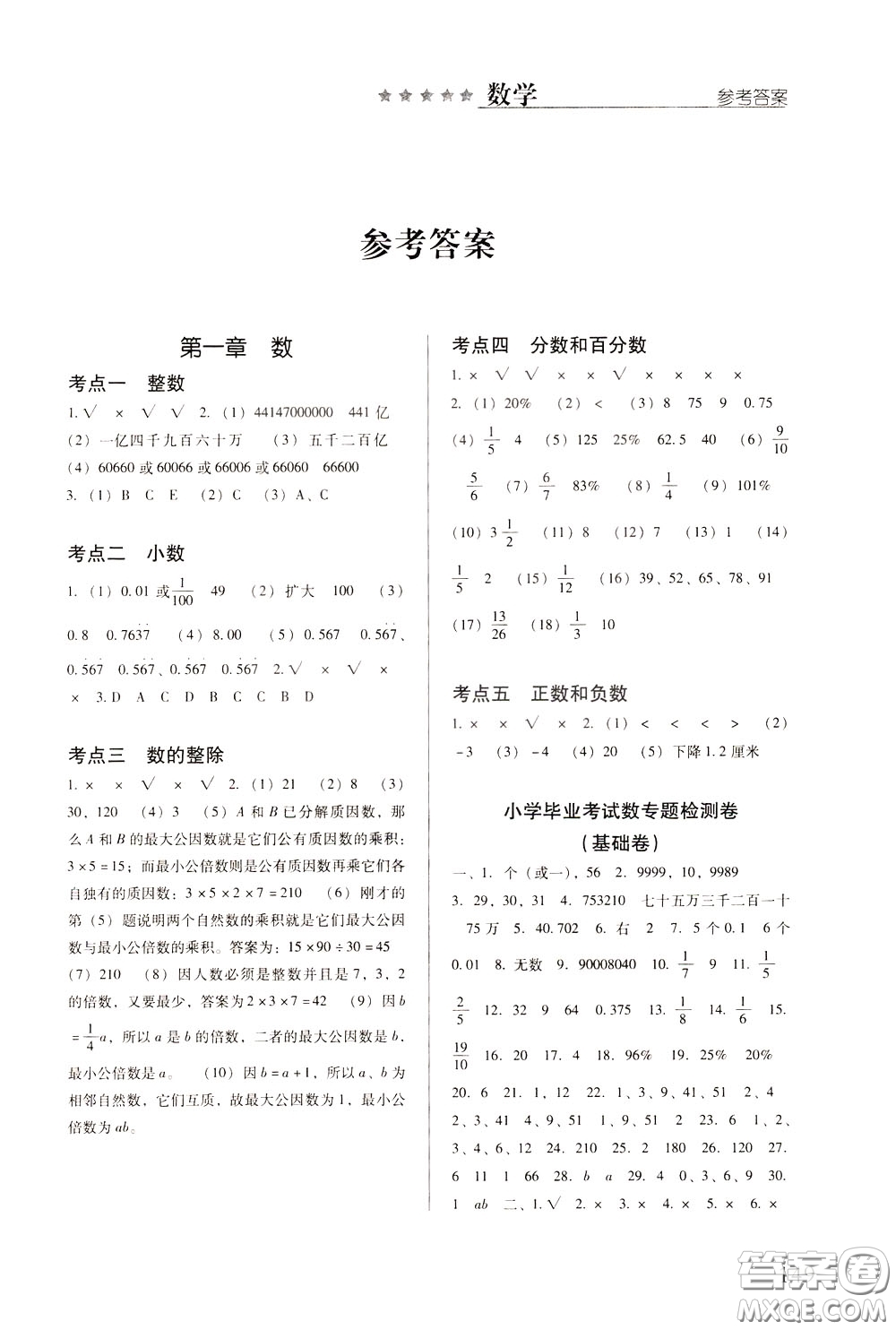 2020年小學(xué)畢業(yè)及重點(diǎn)中學(xué)入學(xué)考試總復(fù)習(xí)數(shù)學(xué)參考答案