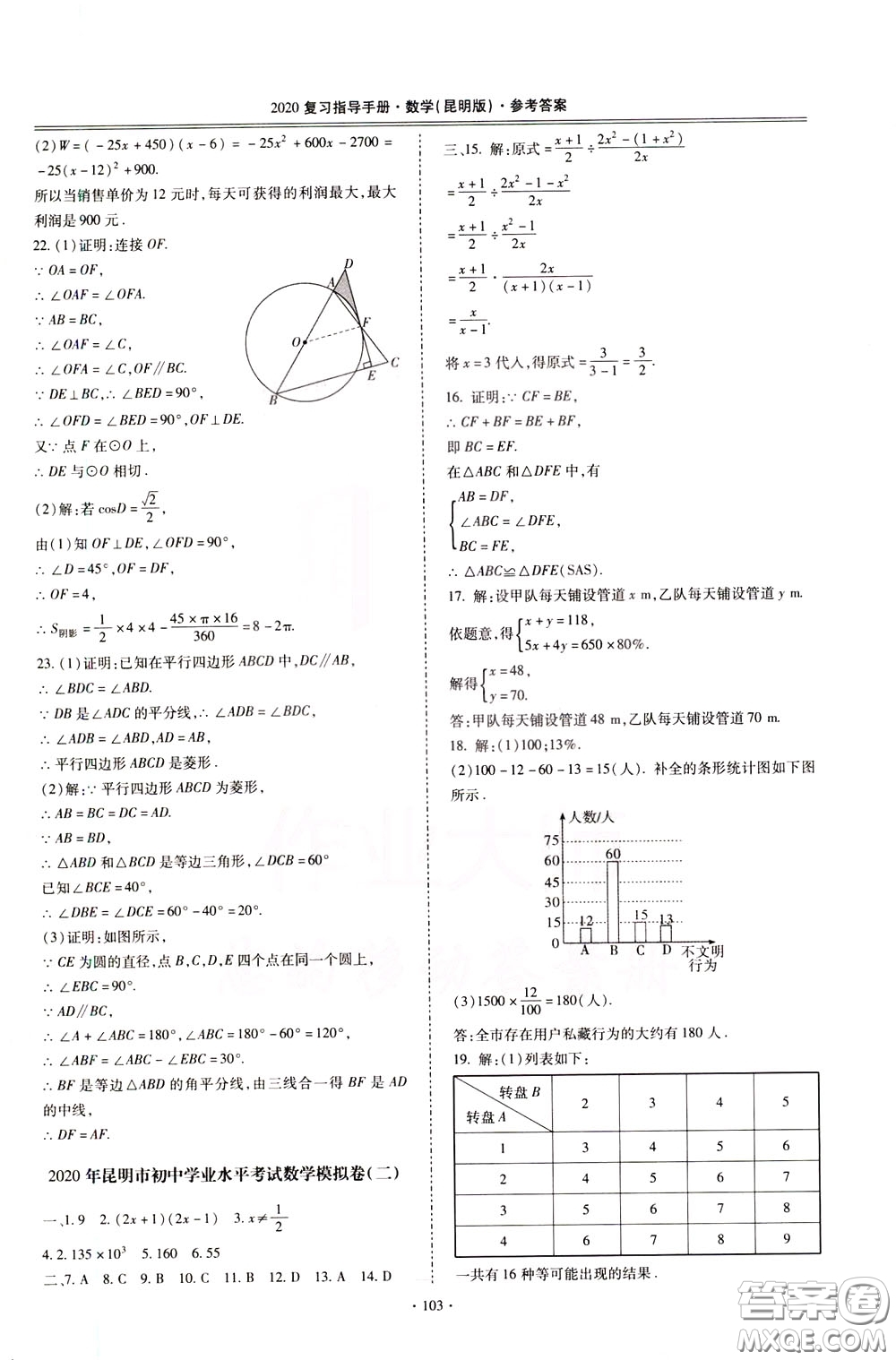 2020年昆明市初中學業(yè)水平考試復習指導手冊數學參考答案