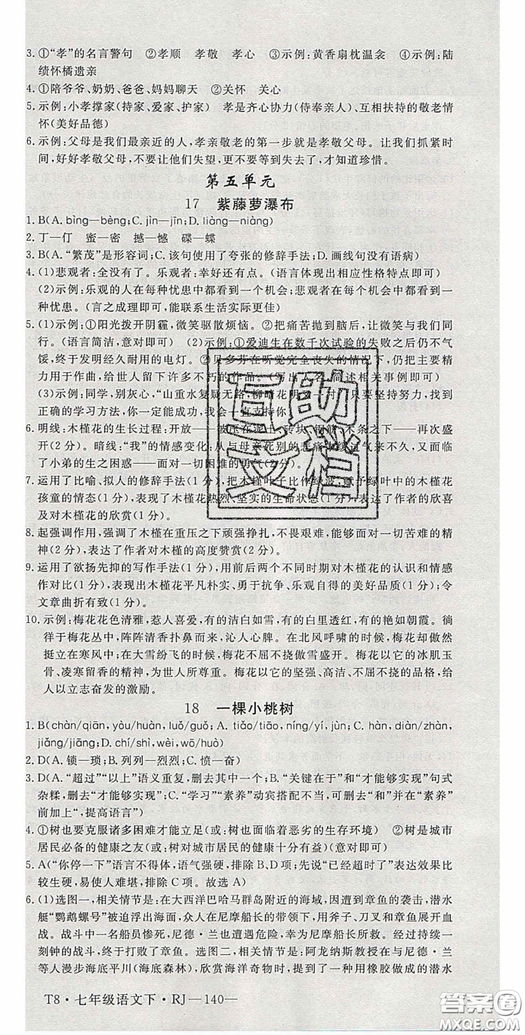 延邊大學(xué)出版2020優(yōu)翼學(xué)練優(yōu)七年級語文下冊人教版答案