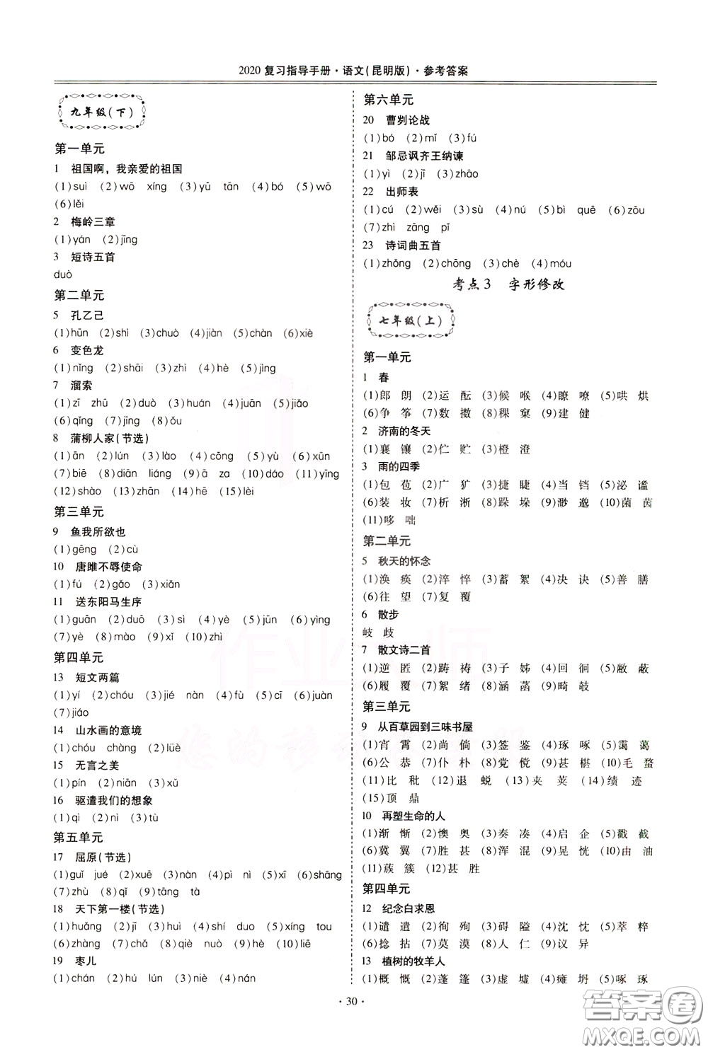 2020年昆明市初中學(xué)業(yè)水平考試復(fù)習(xí)指導(dǎo)手冊語文考點(diǎn)復(fù)習(xí)參考答案