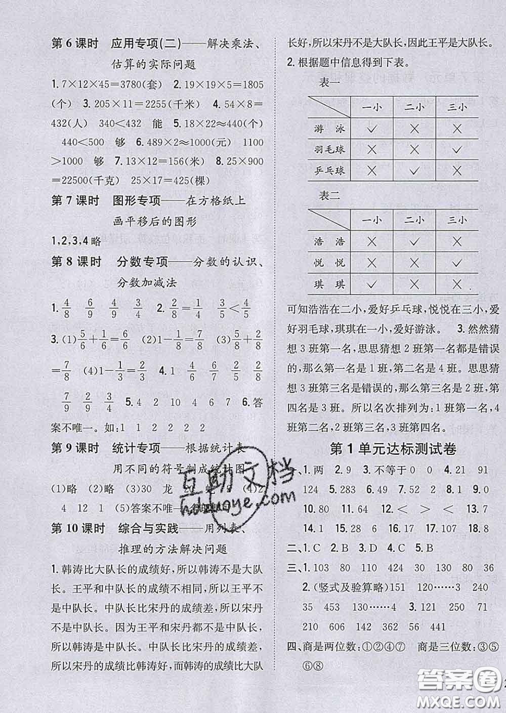 2020春梓耕書(shū)系小學(xué)題幫三年級(jí)數(shù)學(xué)下冊(cè)北師版答案