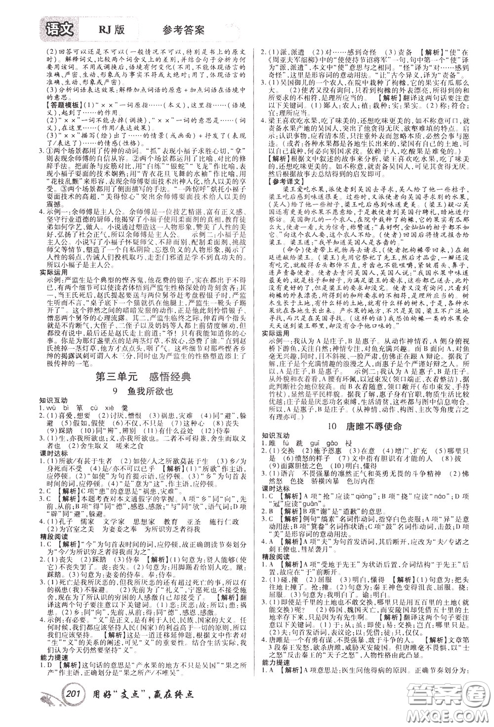 2020年支點語文九年級下冊RJ版人教版江西專版參考答案