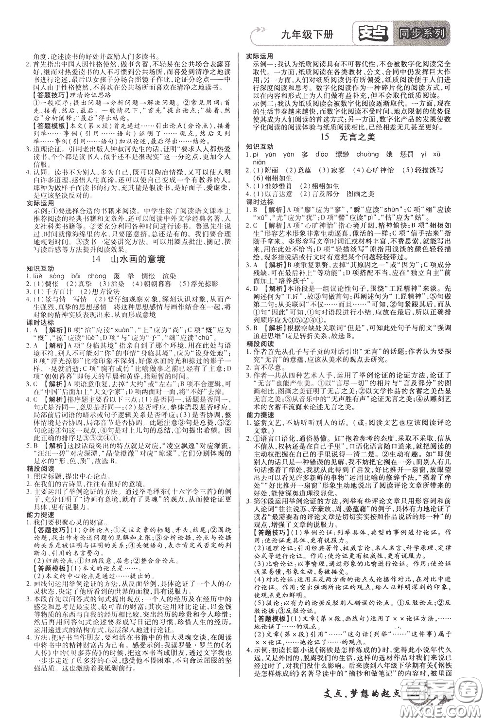 2020年支點語文九年級下冊RJ版人教版江西專版參考答案