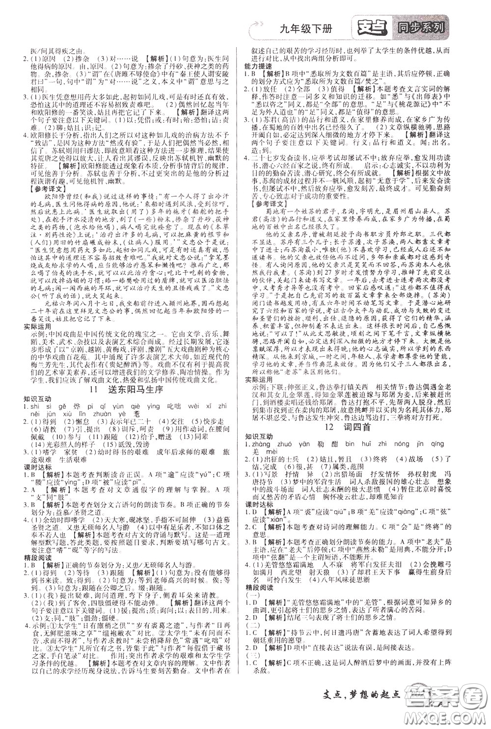 2020年支點語文九年級下冊RJ版人教版江西專版參考答案