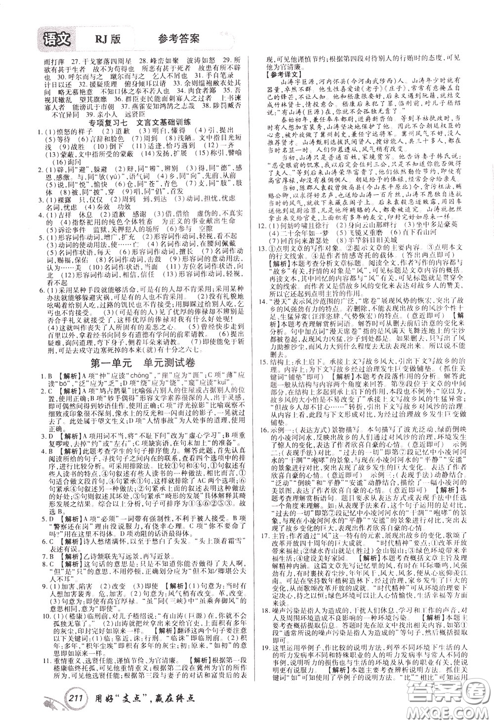 2020年支點語文九年級下冊RJ版人教版江西專版參考答案