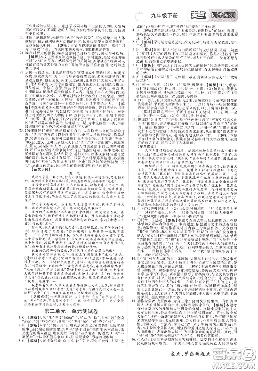 2020年支點語文九年級下冊RJ版人教版江西專版參考答案