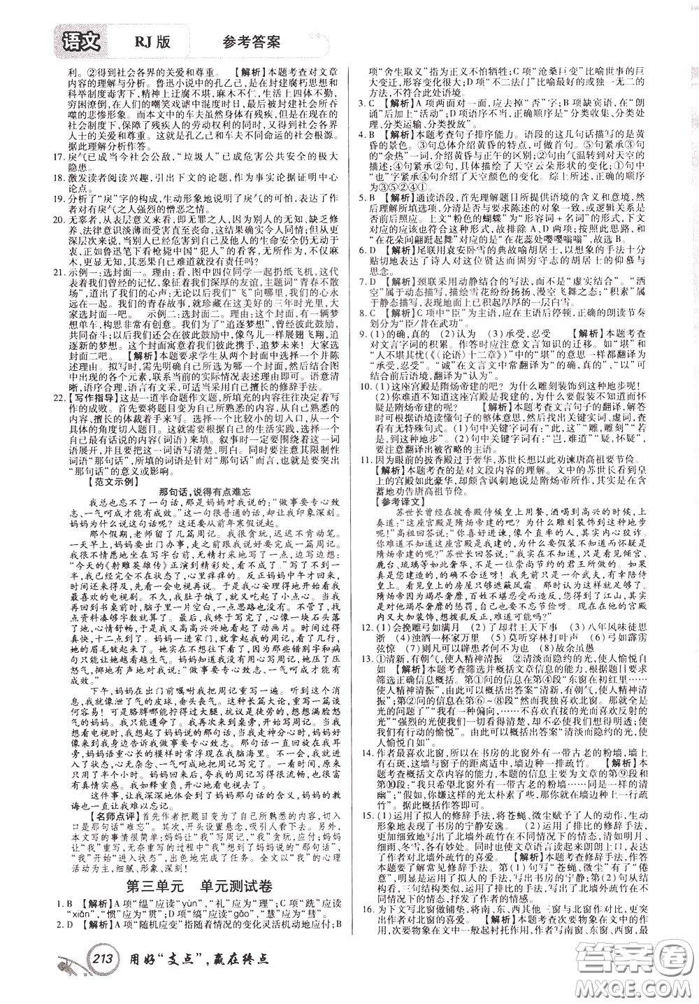 2020年支點語文九年級下冊RJ版人教版江西專版參考答案