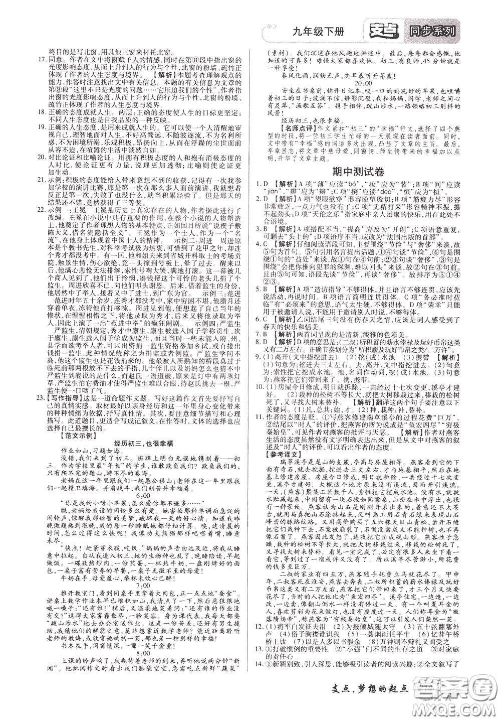 2020年支點語文九年級下冊RJ版人教版江西專版參考答案