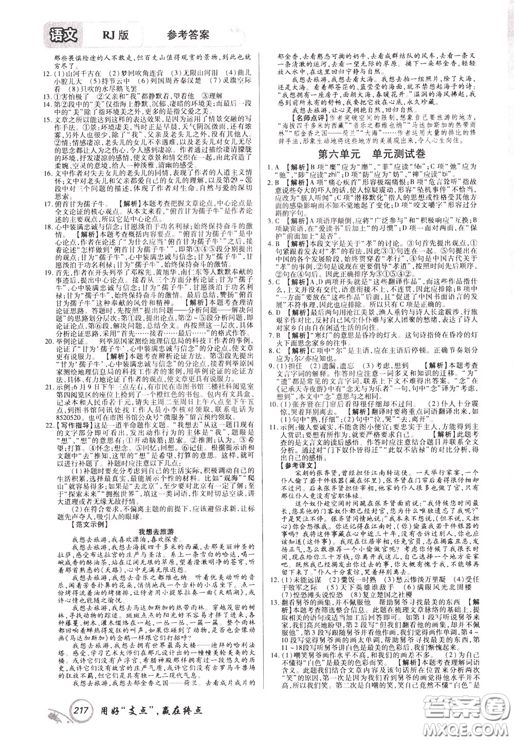 2020年支點語文九年級下冊RJ版人教版江西專版參考答案