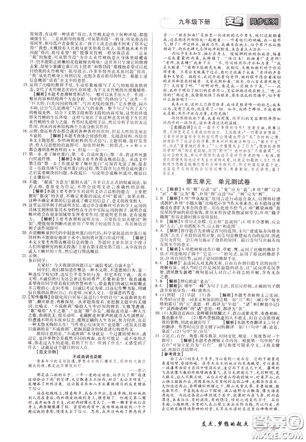 2020年支點語文九年級下冊RJ版人教版江西專版參考答案