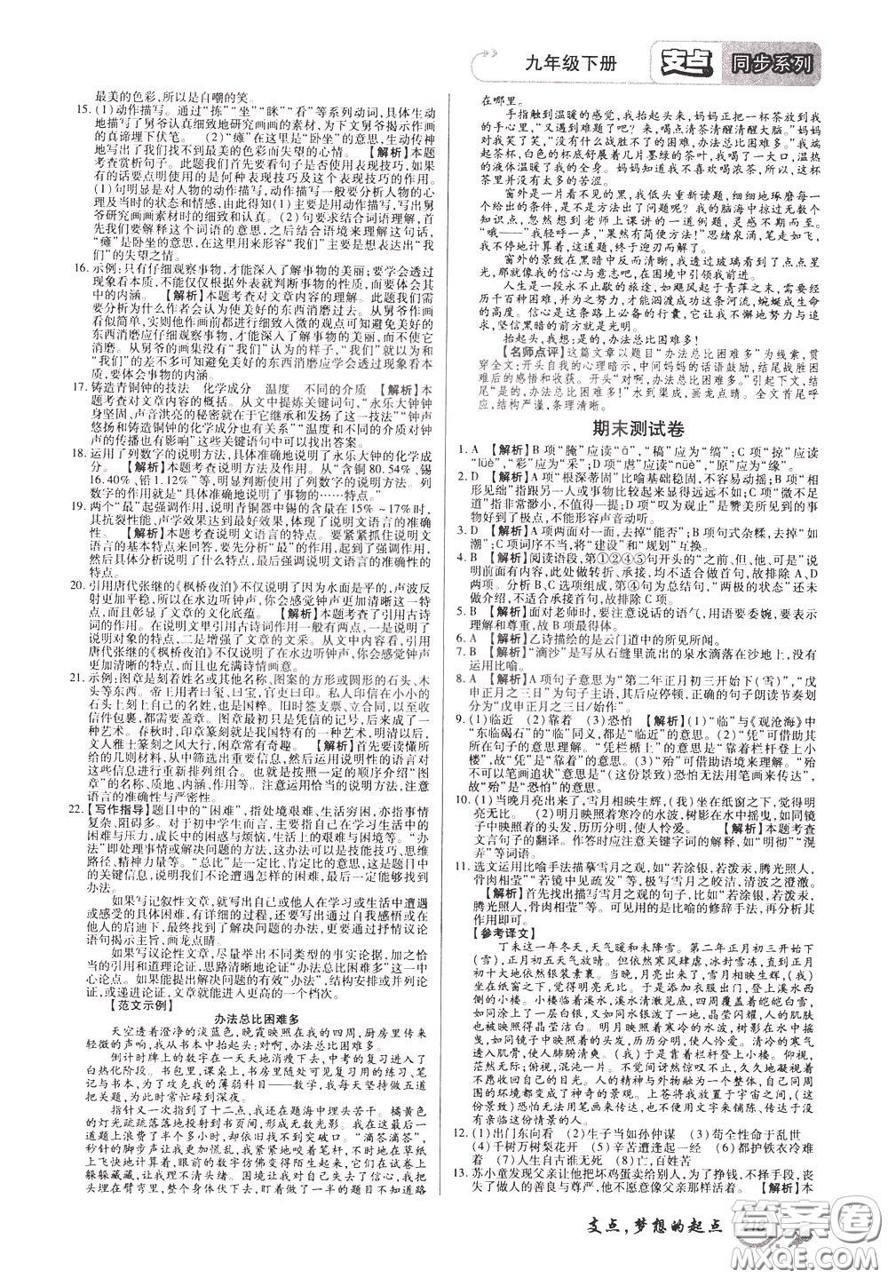 2020年支點語文九年級下冊RJ版人教版江西專版參考答案