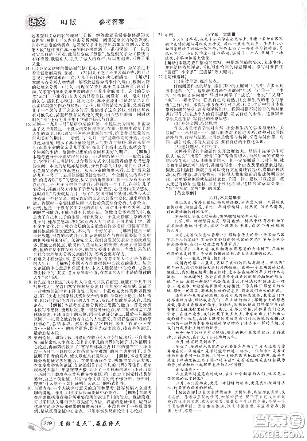 2020年支點語文九年級下冊RJ版人教版江西專版參考答案