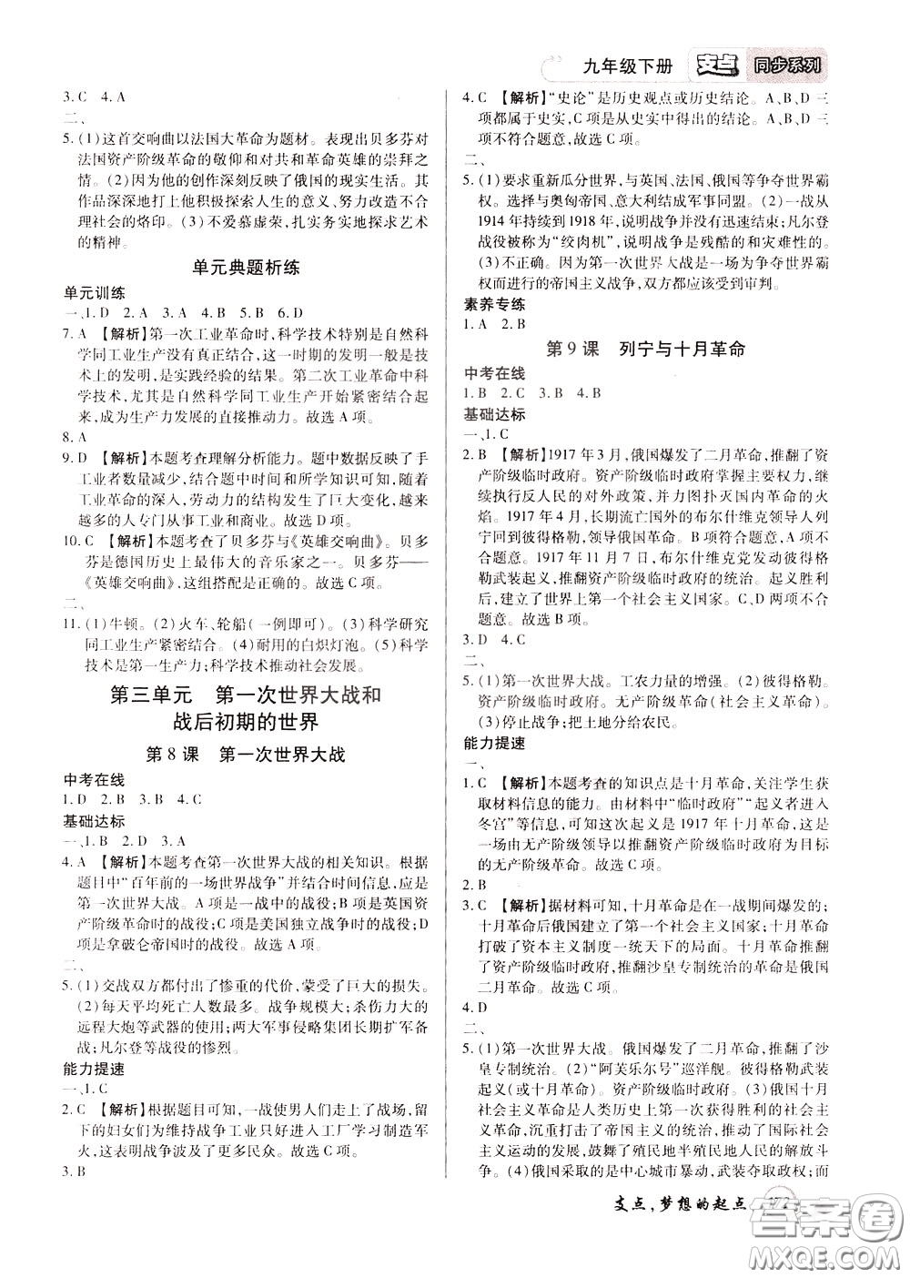 2020年支點(diǎn)歷史九年級下冊RJ版人教版江西專版參考答案