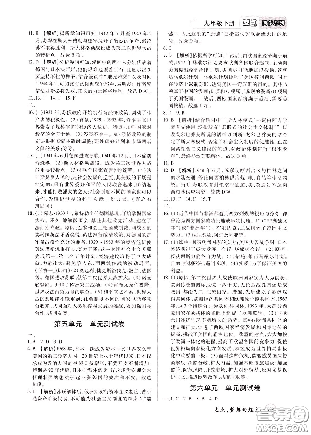 2020年支點(diǎn)歷史九年級下冊RJ版人教版江西專版參考答案