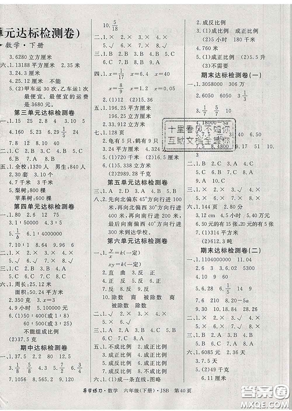 延邊教育出版社2020年新版導(dǎo)學(xué)練習(xí)樂享數(shù)學(xué)六年級下冊江蘇版答案