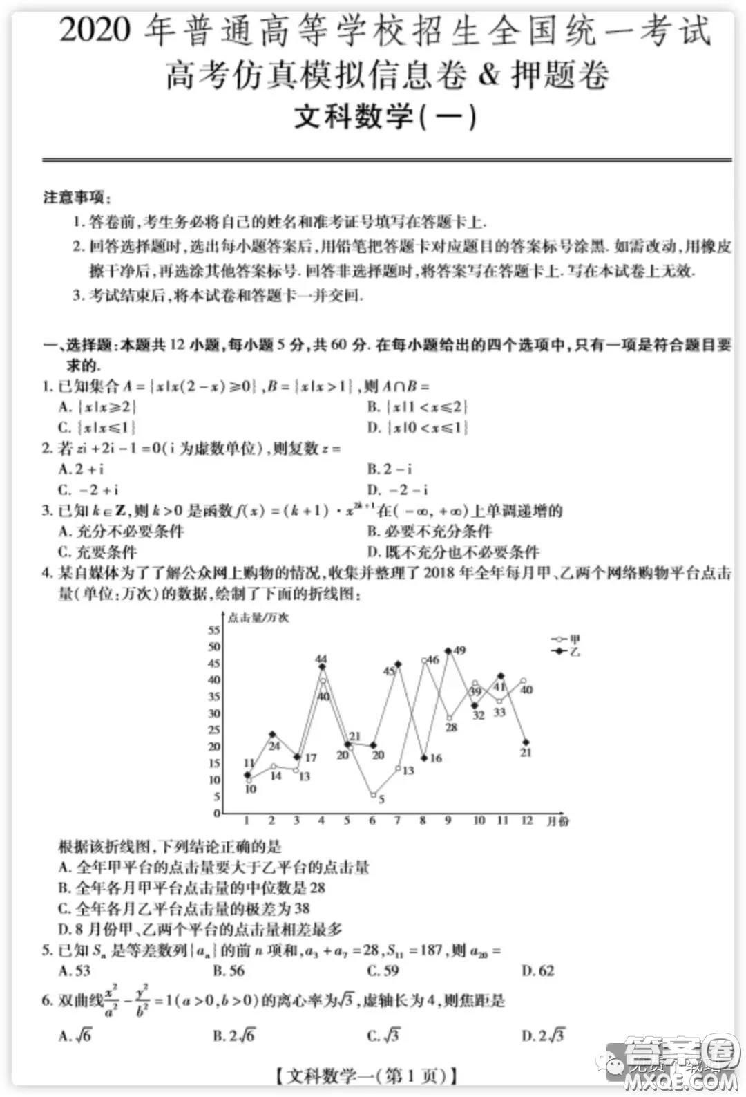 2020年普通高等學(xué)校招生全國統(tǒng)一考試高考仿真模擬信息卷押題卷一文科數(shù)學(xué)試題及答案