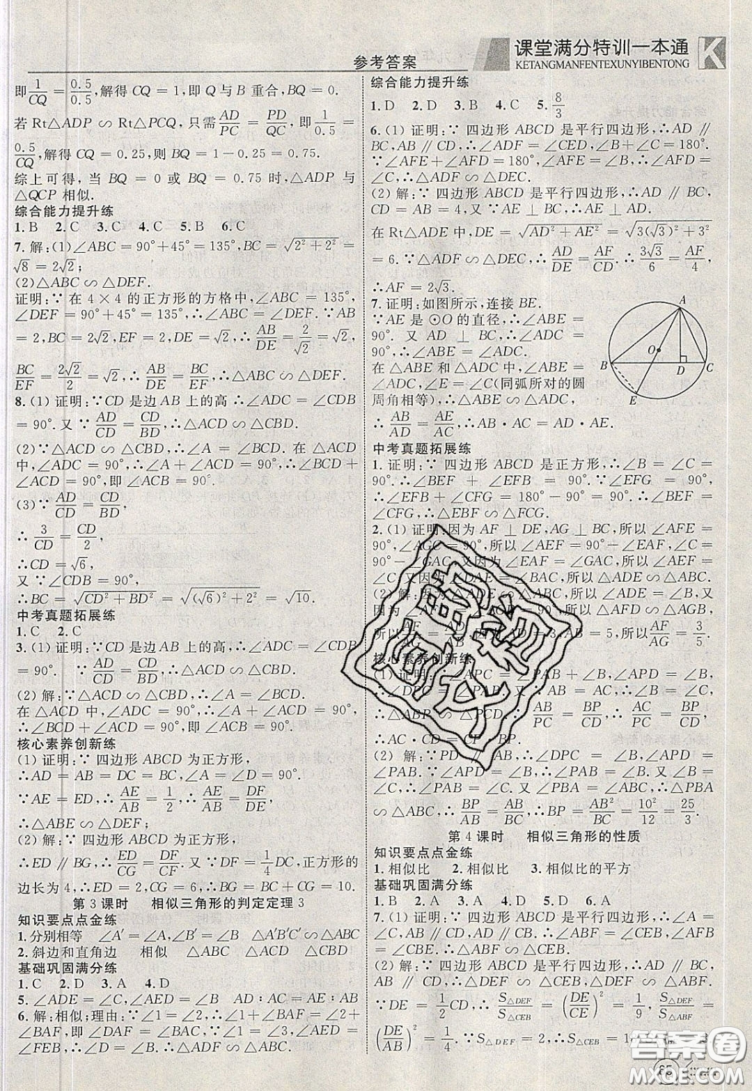 2020年贏在課堂滿分特訓(xùn)一本通九年級下冊數(shù)學(xué)人教版參考答案