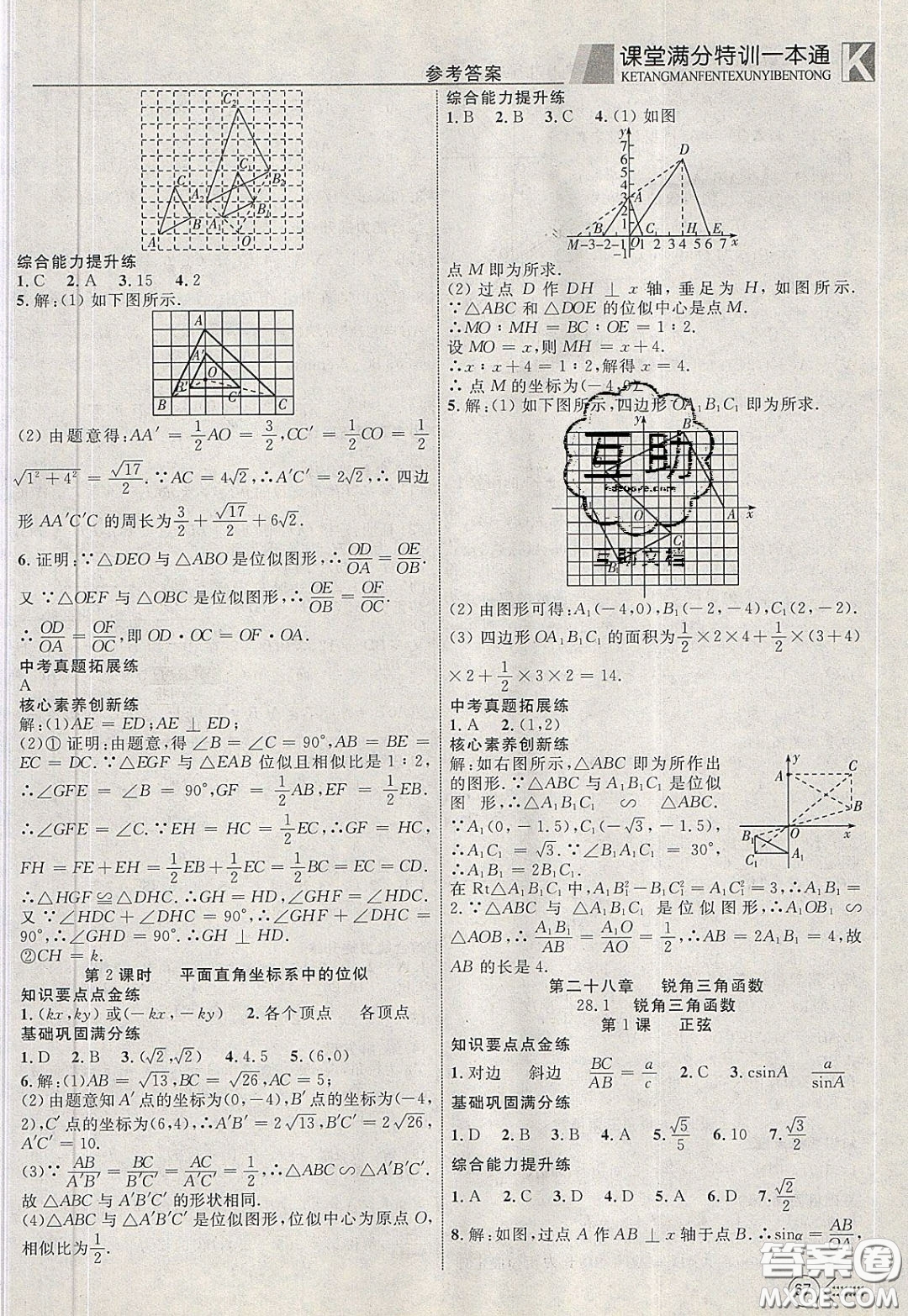 2020年贏在課堂滿分特訓(xùn)一本通九年級下冊數(shù)學(xué)人教版參考答案