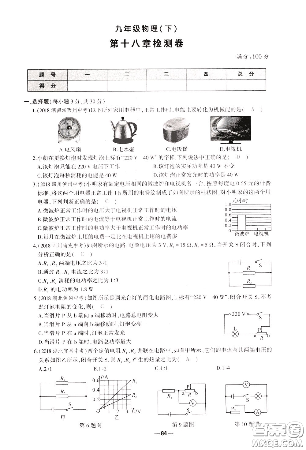 狀元成才路2020年狀元導(dǎo)練九年級下冊物理人教版參考答案