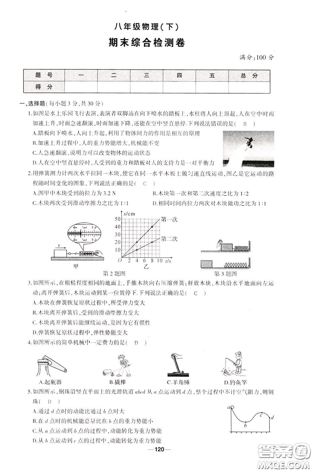 狀元成才路2020年?duì)钤獙?dǎo)練八年級(jí)下冊(cè)物理人教版參考答案