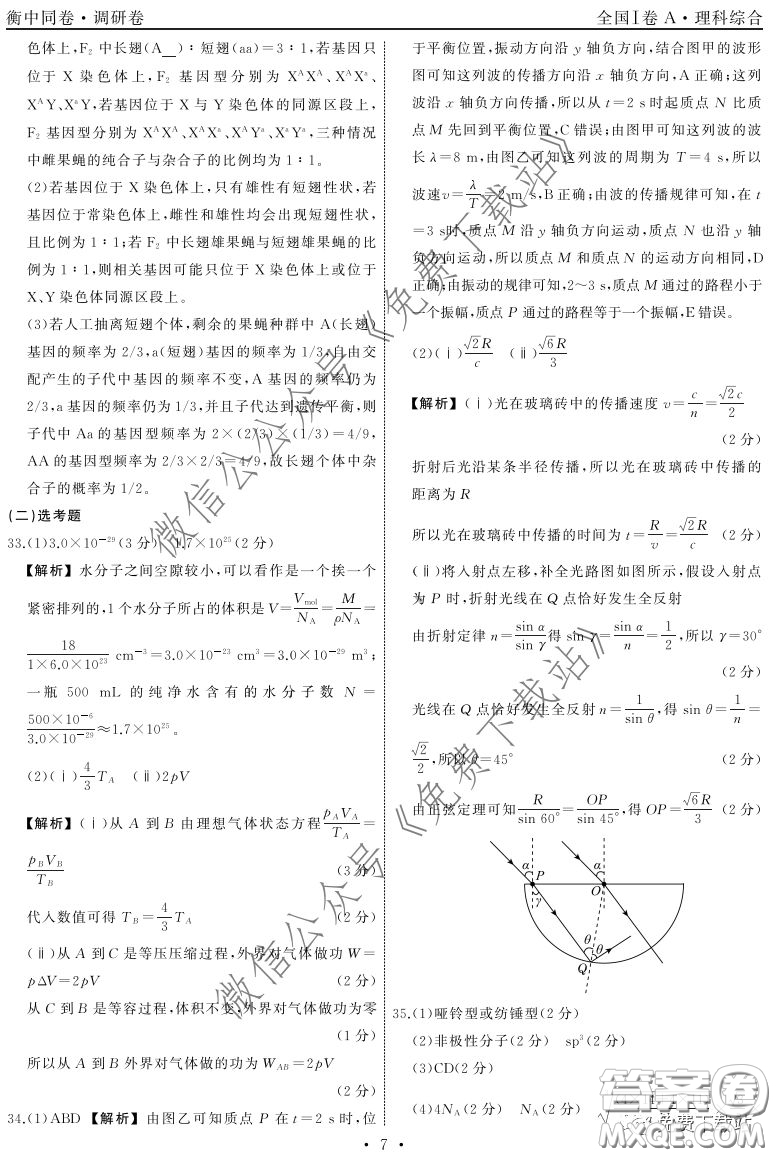 2020屆衡中同卷調(diào)研卷一理科綜合試題答案