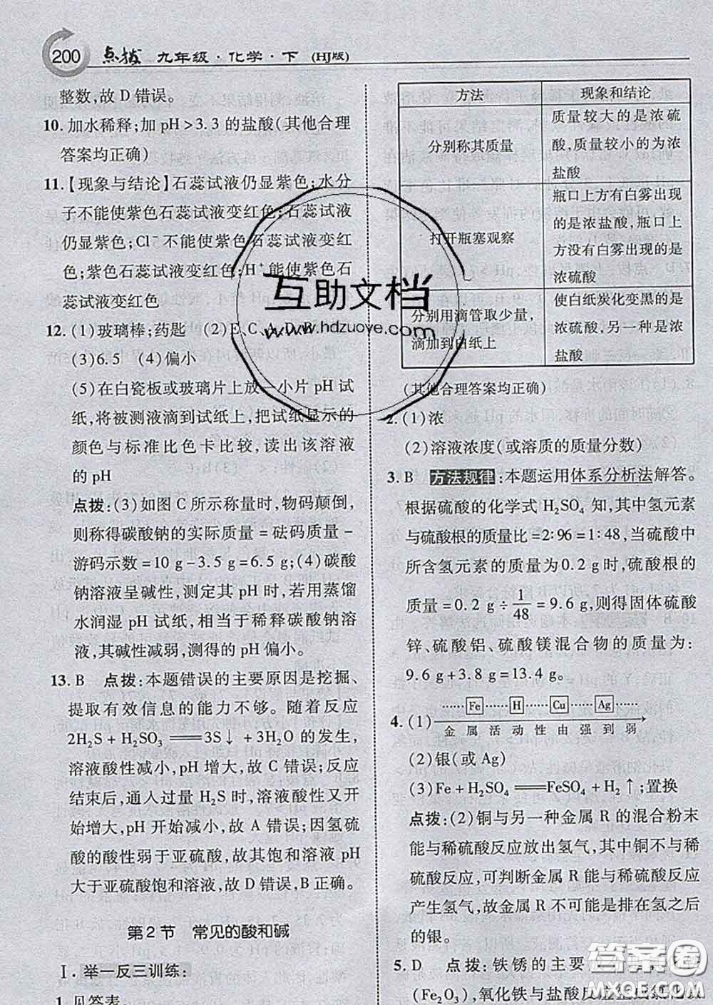 吉林教育出版社2020春特高級教師點撥九年級化學下冊滬教版答案