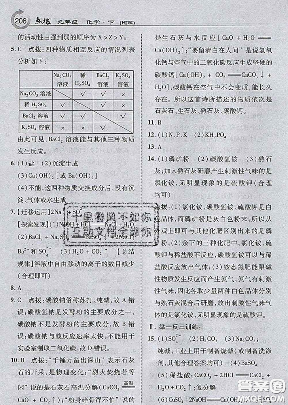 吉林教育出版社2020春特高級教師點撥九年級化學下冊滬教版答案