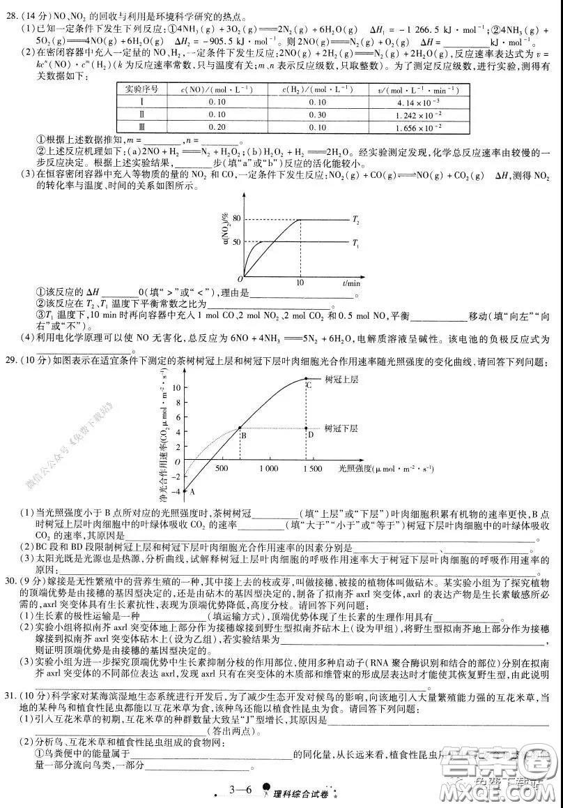 天一大聯(lián)考2020高考全真模擬卷三理科綜合試題及答案