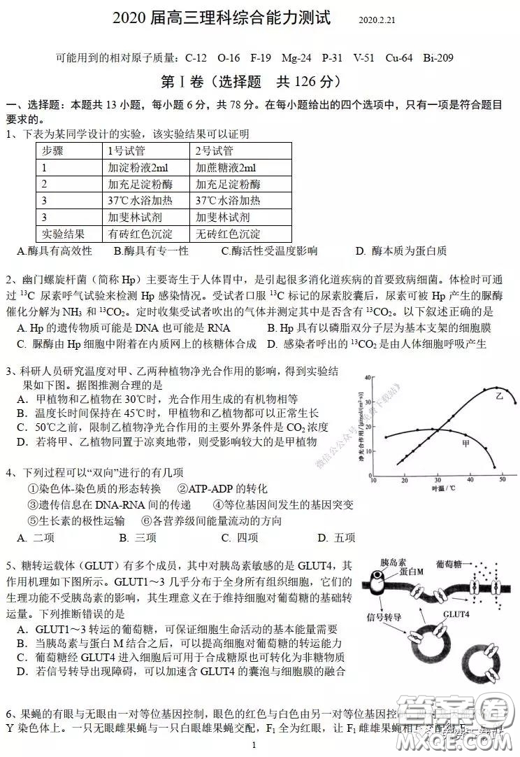 華師大一附中2020屆高三2月檢測(cè)線(xiàn)上理科綜合能力測(cè)試試題及答案