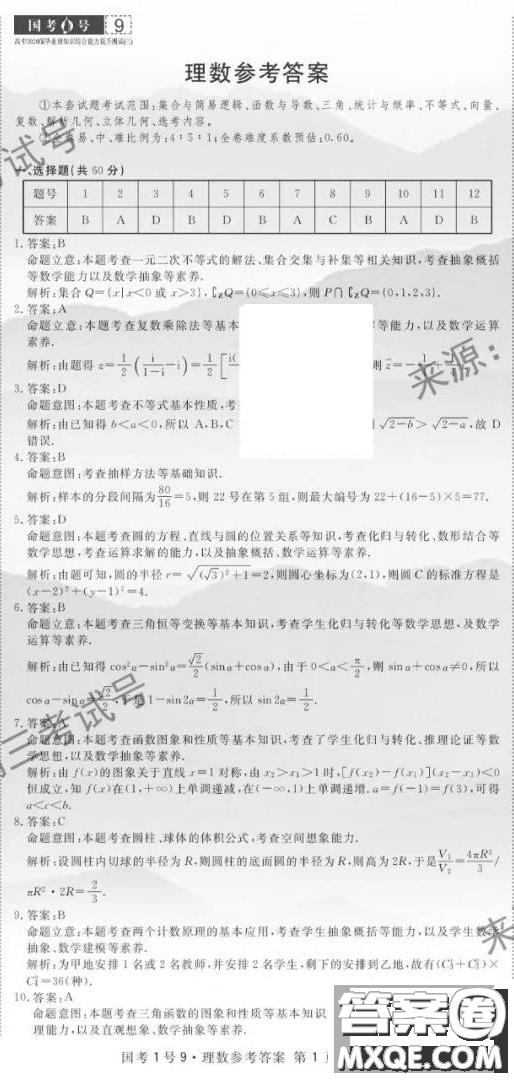 國(guó)考1號(hào)9高中2020屆畢業(yè)班知識(shí)綜合能力提升測(cè)試?yán)砜茢?shù)學(xué)答案