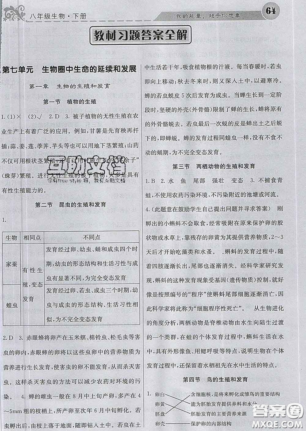 梯田文化2020春課堂點(diǎn)睛八年級生物下冊人教版答案