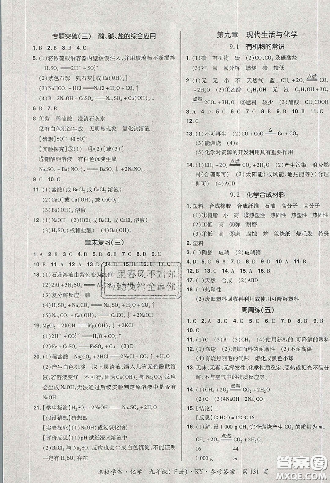 2020年國華作業(yè)本名校學(xué)案九年級化學(xué)下冊科粵版答案