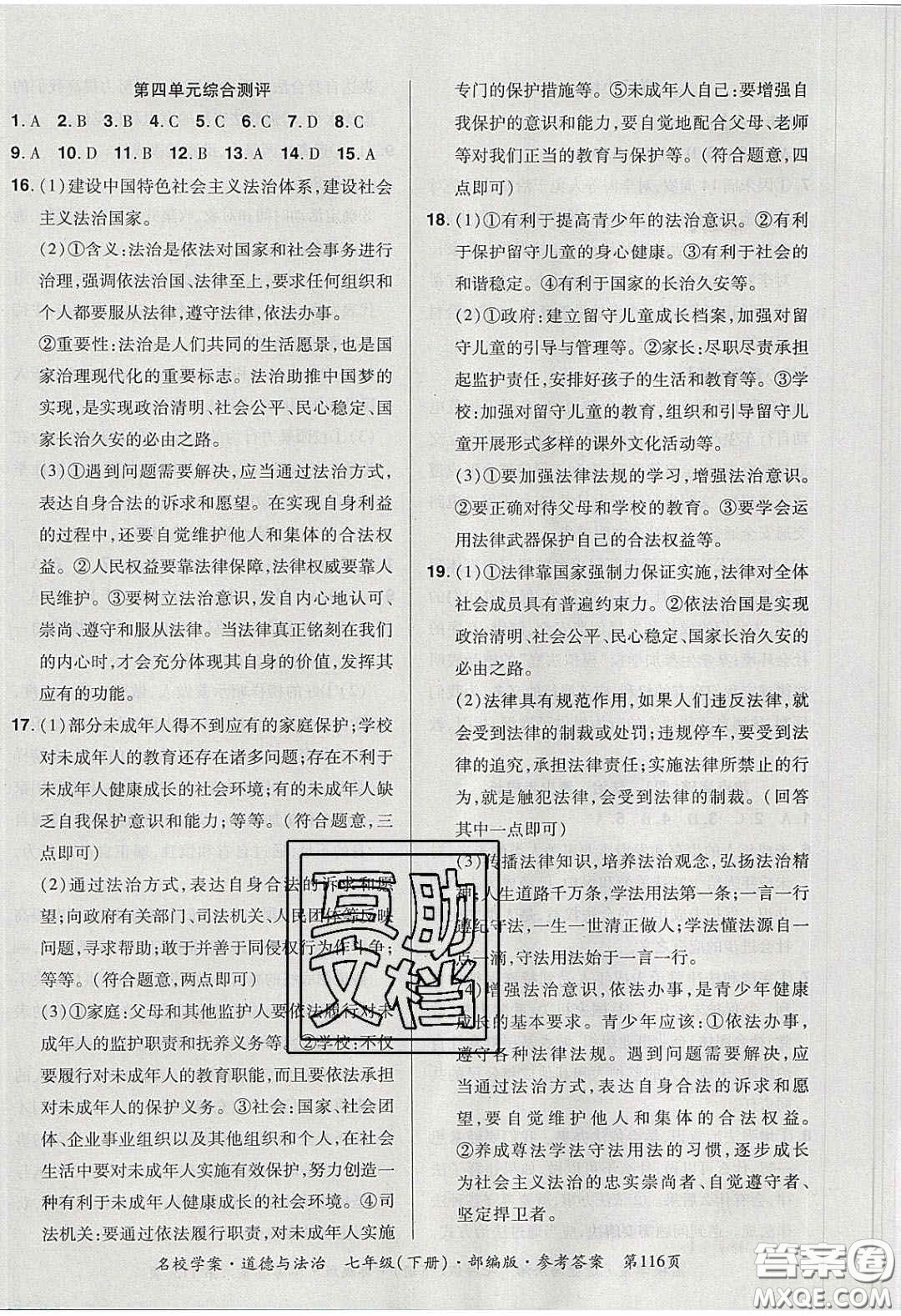 2020年國(guó)華作業(yè)本名校學(xué)案七年級(jí)道德與法治下冊(cè)人教版答案