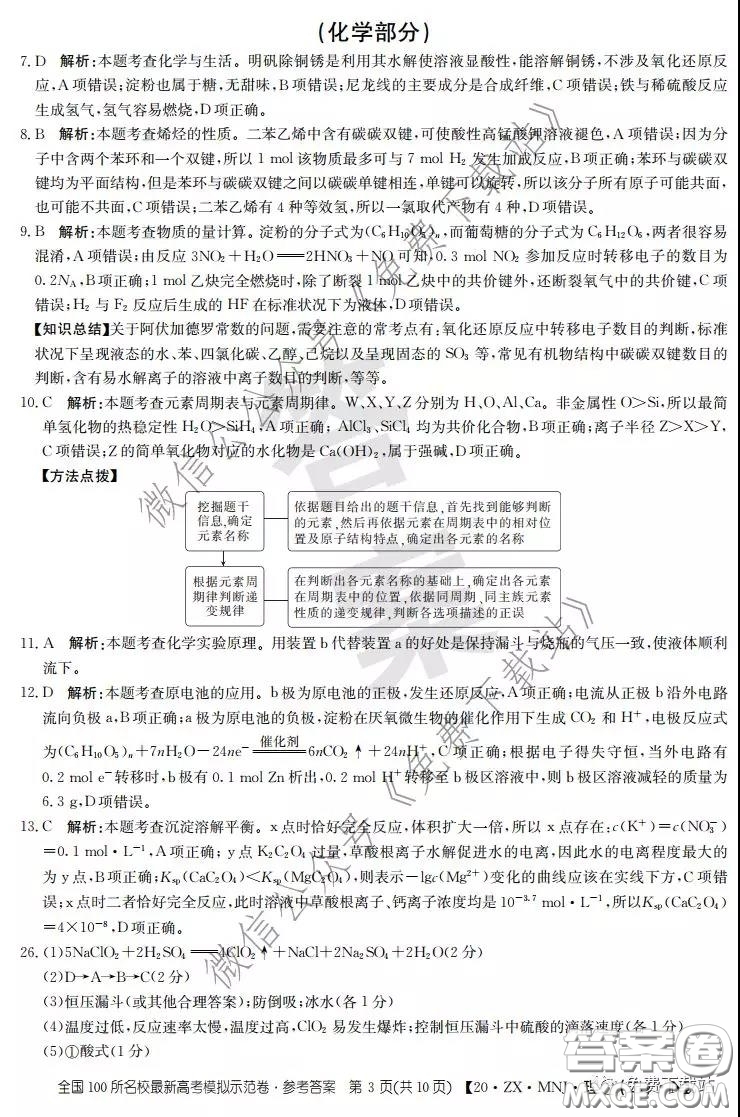 2020年全國(guó)100所名校最新高考模擬示范卷二理科綜合答案