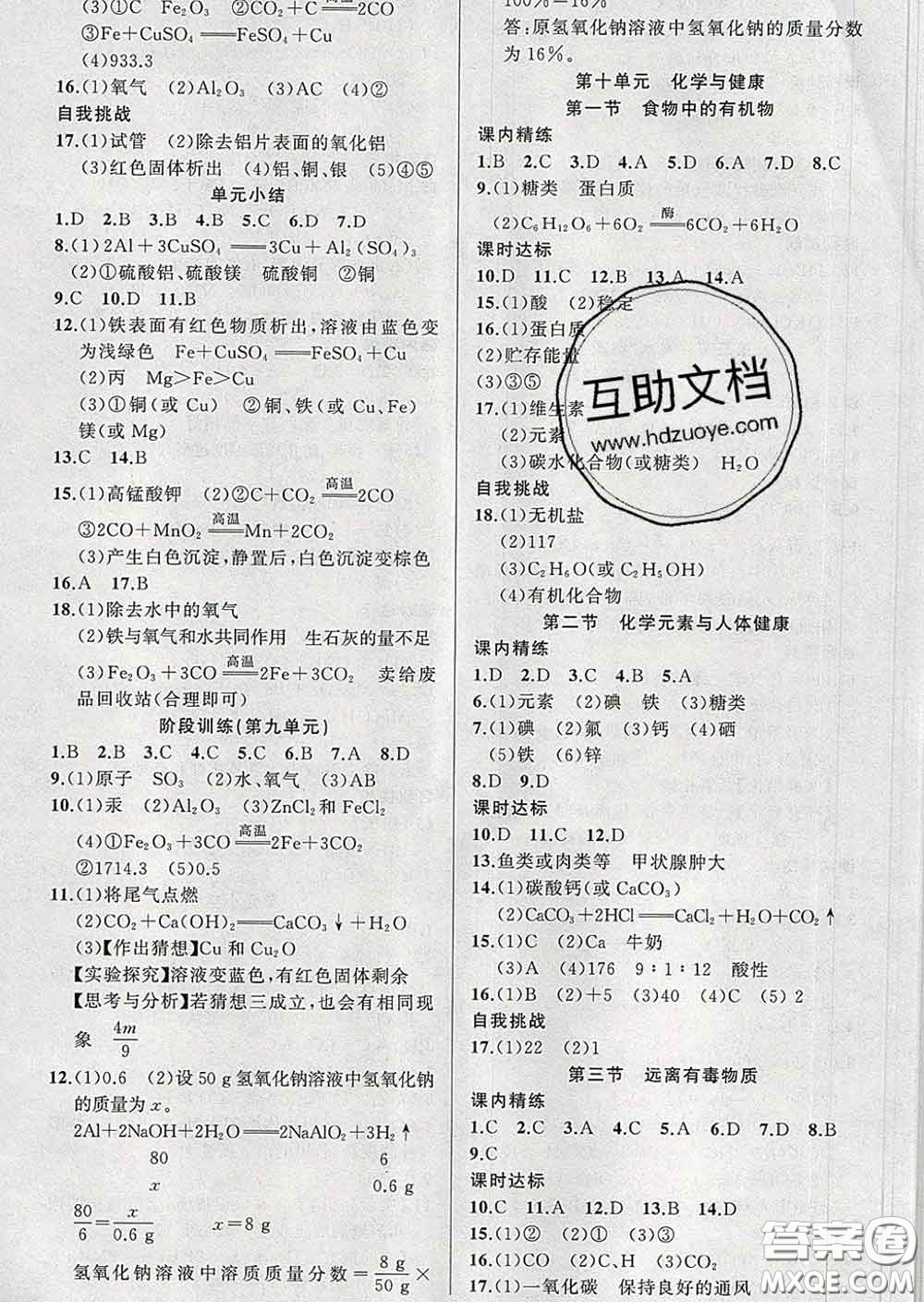 2020年黃岡金牌之路練闖考九年級(jí)化學(xué)下冊(cè)魯教版答案