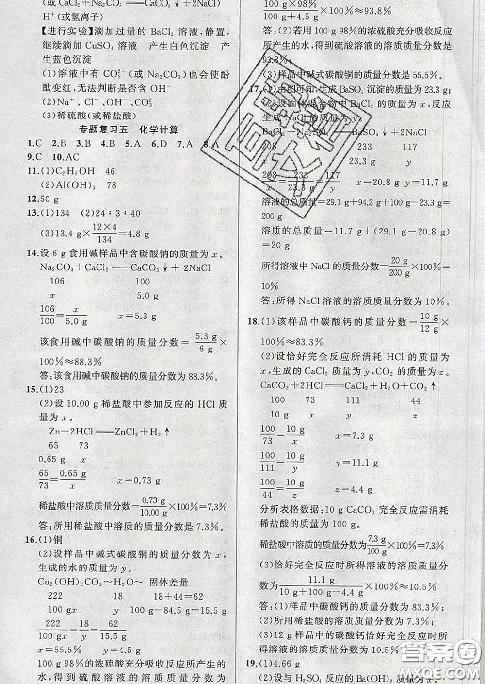 2020年黃岡金牌之路練闖考九年級(jí)化學(xué)下冊(cè)魯教版答案